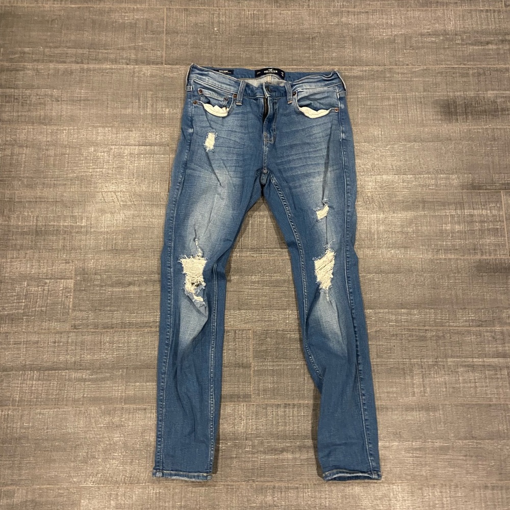 Mens navy blue ripped Hollister skinny jeans